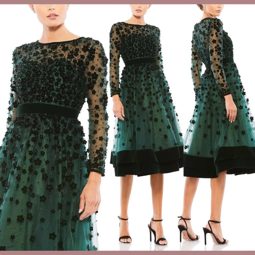 NWT‎ Mac Duggal [ 6 ] Embellished Illusion Long Sleeve Fit Flare Dress  Emerald